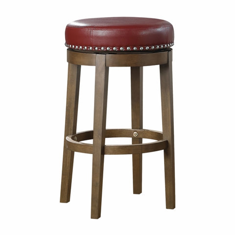 ZUN Round Swivel Bar Stools Set of 2, Red Faux Leather 360-degree Swivel Seat Nailhead Trim Solid Wood B011P201574