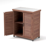 Potting Bench with Storage Cabinet and Metal Table Top for Outdoor Patio, Garden Furniture Wood 32240140