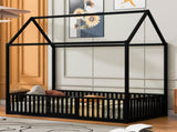 Twin Size Metal House Bed with Fence and Door, Black MF315932AAB