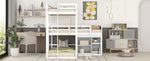 ZUN L-shaped Wood Triple Twin Size Bunk Bed with Storage Cabinet and Blackboard, Ladder, White 06123862