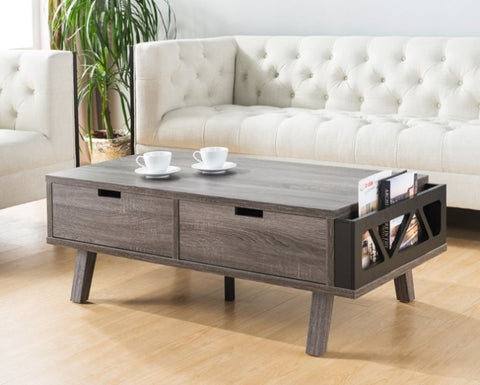 ZUN Antique Wooden Livingroom Coffee Table with Two Storage Drawers, Distressed Grey & Black B107130987