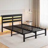 Full Size Metal Bed Frame with Wooden Headboard, RGB Lights, Outlets & Charger, Storage Shelf, W840P209906
