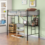 ZUN Twin Metal Loft Bed with Desk, Power Outlet and LED Lighted , Safety Guard & Ladder, No Box Spring W840P192240