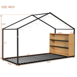 Twin Size Metal Bed House Bed Frame with Shelves and Lights, Black N737P176708B
