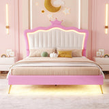 Full Size Upholstered Bed Frame with LED Lights, Modern Upholstered Princess Bed with Crown W2770P190360