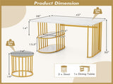 White & Gold Dining Table Set with Faux Marble Top, 2-Layer Open Shelves & Upholstered Stools 69773470