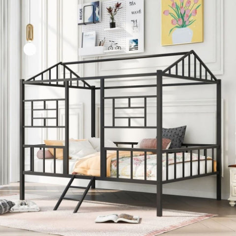 ZUN Metal House Bed Frame Full Size with Slatted Support No Box Spring Needed Black MF289094AAB