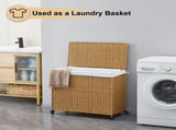 165L 3-Section Laundry Hamper with Lid and Wheels, Woven Rattan Rolling Laundry Hamper 60470878