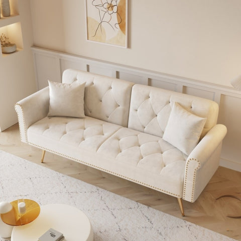 ZUN 69.7 inch beige velvet nail head sofa bed with throw pillow W165894660