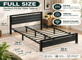 Full Size Metal Wood Platform Bed Frame, 3-Panel Black Wood Grain Headboard with LED Light & 14658083