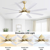 ZUN 66 Inch Modern Ceiling Fan With Dimmable Led Light 8 ABS Blades Remote Control Reversible DC Motor W882P147244