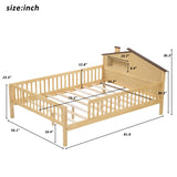 Full Size Wood Platform Bed with House-shaped Headboard, LED and Built-in Storage, Natural N709P184430M