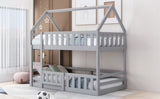 Twin over Twin House Bunk Bed with Fence and Door, Gray WF313047AAE