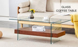 ZUN 43.3 Inch Modern Two-Tier Coffee Table - An Elegant Combination of Clear Glass and Dark Wood Texture W2920P226069