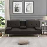 ZUN Sofa Bed with Armrest two holders WOOD FRAME, STAINLESS LEG, FUTON BROWN PVC,DARK BROWN W2297P284141