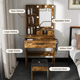 Vanity Table with Mirror & Adjustable LED Lights, Power Outlet, Hairdryer Holder & Stool Compact 18725352