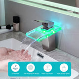 Bathroom Sink Faucet LED Light 3 Colors Changing Waterfall Glass Spout Hot Cold Water Mixer Single W1932P148105
