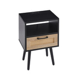 15.75" Rattan End table with Power Outlet & USB Ports , Modern nightstand with drawer and solid wood W126573111