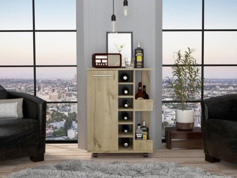 ZUN Bar Cart, Two External Shelves, Four Casters, Six Built-in Wine Rack, Single Door Cabinet -Light Oak B07091827