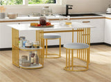 White & Gold Dining Table Set with Faux Marble Top, 2-Layer Open Shelves & Upholstered Stools 69773470