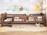 Twin Size Floor Bed with Storage Bookcases, Solid Wood Kids Floor Bed with Cute Stairs and W1580P390215