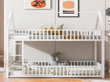 Metal Twin over Twin House Bunk Bed with Fence and Door, White N709P214091K