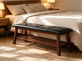 Dining Bench with Storage Shelf, Pine Wood Frame, Button Tufted Black PU Leather Seat, Walnut 01032856