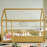Twin Size Floor Wooden Bed with House Roof Frame, Fence Guardrails, W1858P310084