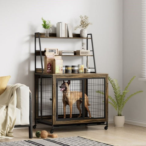 ZUN Furniture type dog cage iron frame door with cabinet, two door design, Rustic W1903P151284