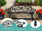 Outdoor Cast Aluminum Patio Bench, Porch Bench Chair with Curved Legs Rose Pattern, Black 01485098