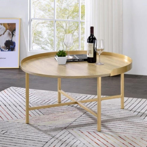 ZUN Oak and Gold Coffee Table with Tray Top B062P181359