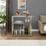 ZUN Contemporary Chrome Bar Serving Cart Silver Modern Glass Metal Frame Wine Storage 43465421