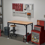 48" Heavy-Duty Adjustable Workbench for Garage, Rubber Wood shop table W/Metal Wheels, Hardwood W1422P218518