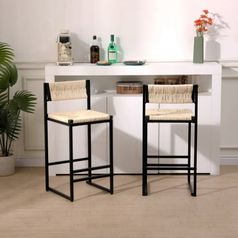 ZUN Creamy White Paper Rope Woven Bar Stools Set of 2 Hand Weave Counter Stool with footrest for Kitchen W1757138689