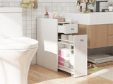 Slim Bathroom Storage Cabinet with Caster Drawer, Raised Edge Top Shelf Anti-Fall Organizer-White 00552411