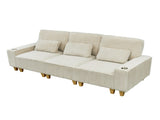 Beige Deep Seat 3-Seater Corduroy Sofa with Brushed Stainless Steel Cup Holders and 3 Decorative 56587155