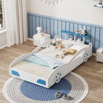 ZUN Wooden Race Car Bed,Car-Shaped Platform Twin Bed with Wheels For Teens,White & Blue WF310553AAK