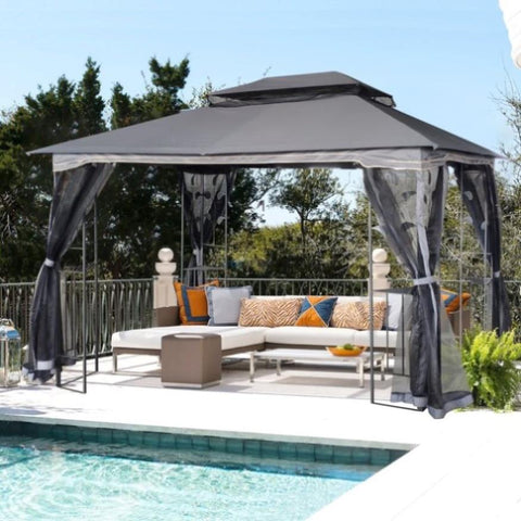 ZUN 13x10 Outdoor Patio Gazebo Canopy Tent With Ventilated Double Roof And Mosquito net,Gray Top 10293240