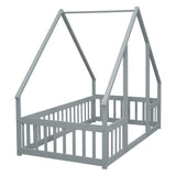 Twin Wood House-Shaped Floor Bed with Fence, Guardrails ,Grey W504P143289