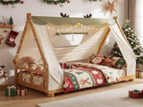 Twin Size Montessori House Floor Bed with Removable Canopy Tent, Solid Wood Kids Bed with Guardrails 41357052
