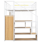 Full Size Metal Loft Bed with Built-in Work Station, Wardrobe, Storage Staircase and LED, White 78792217