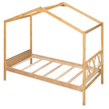 ZUN Twin Size Wood House Bed with Storage Space, Natural 68392034
