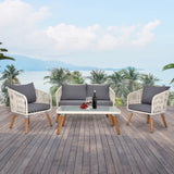 ZUN 4 Piece Patio Furniture Set, Outdoor Acacia Wood Conversation Set, All-Weather Rope Sofa Set with 96676802