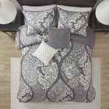 7 Piece Cotton Printed Comforter Set Grey Queen B03597027
