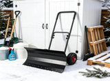 29 Inch Metal Snow Pusher with Wheels Adjustable Handle 5 Angle Blade Snow Shovel for Driveway Black 33611706