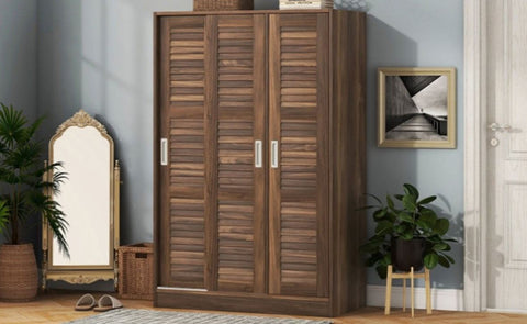 ZUN 3-Door Shutter Wardrobe with shelves, Walnut 30065214