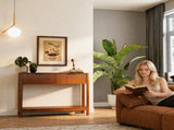 Mid-Century Modern Fluted Console Table with 2 Drawers & Open Shelf, Walnut Finish Narrow Entryway W2557P430472