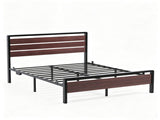 Queen Size Metal Wood Platform Bed Frame, 3-Panel Reddish Brown Wood Grain Headboard with LED Light 45520408