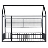 Twin Size Metal Bed House Bed Frame with Fence and Shelves, Black N737P175360B