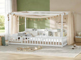 Full Size Montessori Floor Bed, Headboard with Open Storage Cubbies, 4-Sided Guardrails with Access W5767P517425